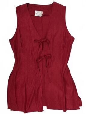 Vintage GSL Dark Red Tie Front Long Cardigan Vest Sz M Boho-Chic French Girl
